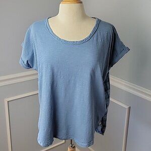 PILCRO | ANTHROPOLOGIE Blue Scoop Neck Mixed Media Plaid Back Short Sleeve Top M